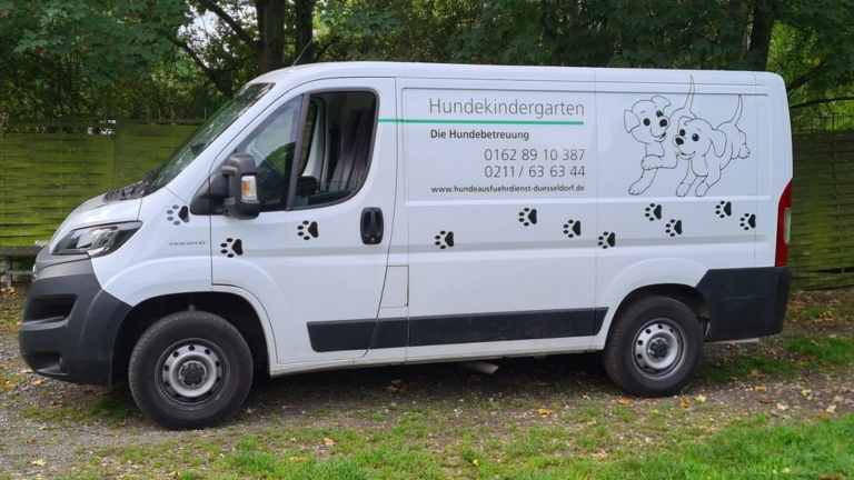 Ein speziell ausgerüsteter Lieferwagen für die Hundebetreuung in Düsseldorf, beklebt mit süÃŸen Hundeillustrationen und Kontaktinformationen, steht bereit, um für die sichere und liebevolle Betreuung Ihres Haustieres zu sorgen